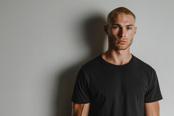 Strobe-Lit Studio Portrait of Muscular 25-Year-Old Man with Buzz Cut Wearing Black T-Shirt