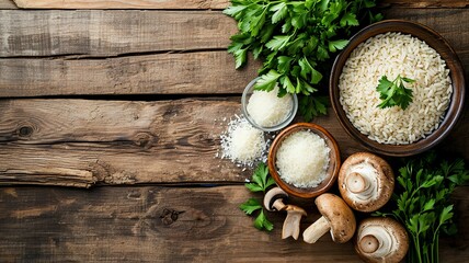 Italian Risotto ai Funghi Porcini Ingredients on Wooden Table

