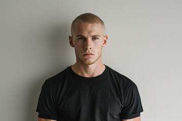 Strobe-Lit Studio Portrait of Muscular 25-Year-Old Man with Buzz Cut Wearing Black T-Shirt