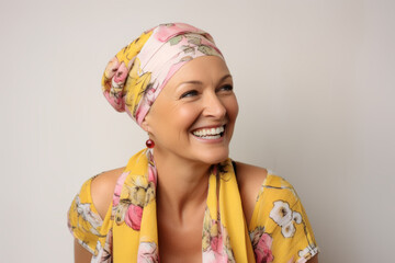 Joyful woman with a floral headscarf and matching yellow outfit, a bright and cheerful portrait, for positive lifestyle themes.