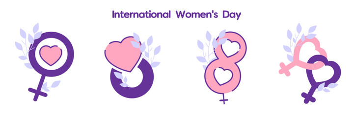 A collection of cartoon icons for International Women's Day - March 8th. Stylized eights, venus mirror, aesthetic branches, hearts. Vector illustration