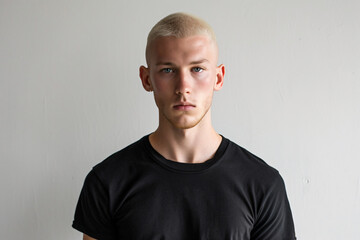 Strobe-Lit Studio Portrait of Muscular 25-Year-Old Man with Buzz Cut Wearing Black T-Shirt