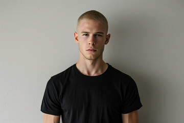 Strobe-Lit Studio Portrait of Muscular 25-Year-Old Man with Buzz Cut Wearing Black T-Shirt