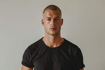 Fototapeta premium Strobe-Lit Studio Portrait of Muscular 25-Year-Old Man with Buzz Cut Wearing Black T-Shirt