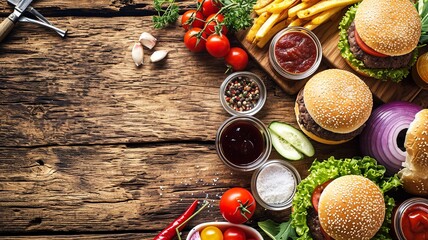 Classic Hamburger Ingredients on Wooden Tabletop

