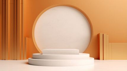 Minimal 3d rendering scene with podium and abstract background. Geometric shape in golden colors