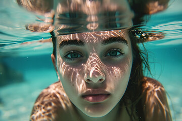 Underwater beauty portrait of a beautiful caucasian girl. Looking at camera. 