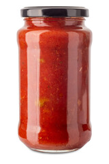 Ready-to-use tomato and olives sauce in glass jar isolated