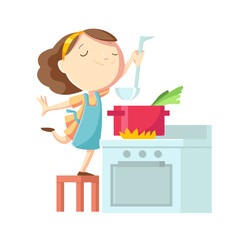 Cute smiling woman is preparing food at the stove. Vector housewife illustration in cartoon style
