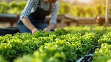 Obraz premium Hydroponics vegetable farm, Farmer harvest hydroponics vegetable in farms morning 