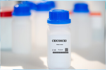 CH3COOCH3 methyl acetate CAS 79-20-9 chemical substance in white plastic laboratory packaging