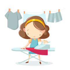 Woman is ironing clothes vector illustration. Сute girl with iron doing housework
