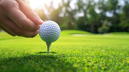 Hand putting golf ball on tee in golf course