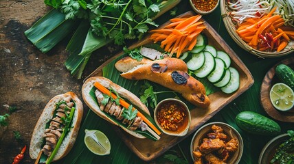Vietnamese Bánh Mì Ingredients on Banana Leaf

