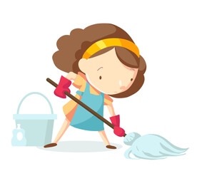 Young woman with a mop washes the floor in gloves. The girl helps to clean the house. Home hygiene vector illustration with housewife