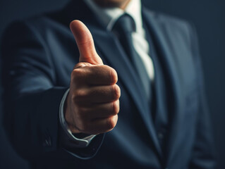 A businessman in a suit shows his thumb, a close-up on his hand, a gesture of approval, a sign of success