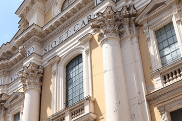 Santi Ambrogio e Carlo al Corso Basilica Facade Close Up with Engaged Columns in Rome, Italy
