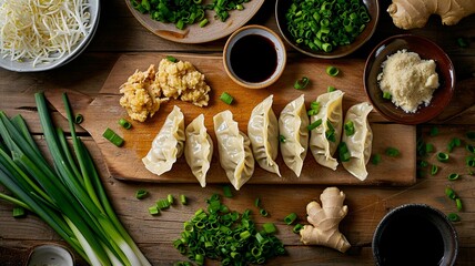 Japanese Gyoza Ingredients on Bamboo Cutting Board

