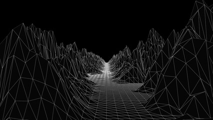 Retro wireframe lowpoly futuristic landscape background. Cyberspace grid