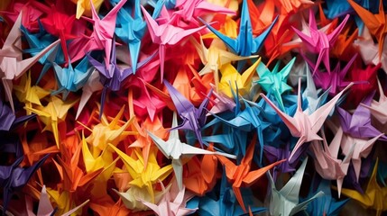 A collection of differently sized and brightly colored origami paper cranes, delicately arranged to form an artistic and uplifting composition. - obrazy, fototapety, plakaty