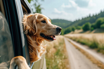 Dog enjoying traveling by car. Happy dog in the car window with the wind