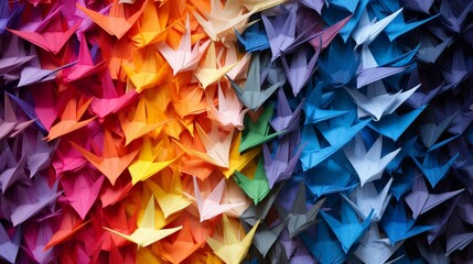 A collection of differently sized and brightly colored origami paper cranes, delicately arranged to...