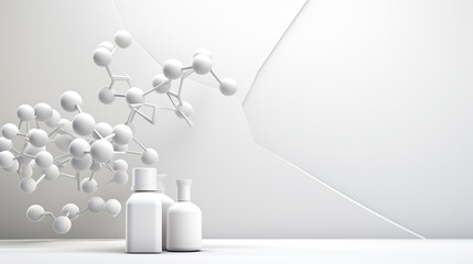 molecule on a white wall with a display podium mockup background for a cosmetic product stand, 3d...