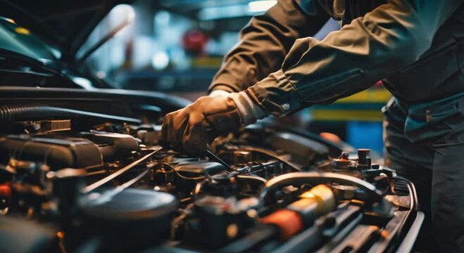 Auto mechanic working on engine in garage. Repair service.