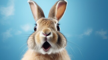 photo portrait of bunny or rabbit on blue background for digital printing wallpaper, custom design, easter concept