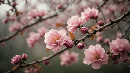 a photo that captures the subtle signs of spring, such as buds on trees, emerging leaves, or a gentle breeze rustling through blossoming branches