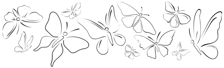 A set of black and white butterflies of different sizes and shapes drawn with lines. For design, decoration, wedding invitations, cards.