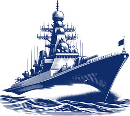 Monochromatic engraving illustration in vector form featuring a mighty warship at sea - obrazy, fototapety, plakaty