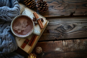 Cozy Winter-Themed Table with Hot Cocoa and Books

