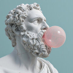 Close-Up of White Plato Statue with Beard Blowing Pink Bubble Gum on Pale Blue Background