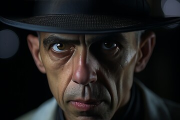 Italian Gangster from Chicago, mafia boss in hat, dramatic closeup portrait of mafioso - obrazy, fototapety, plakaty