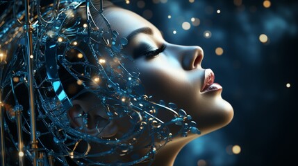 Robot face dots wireframe network machine virtual