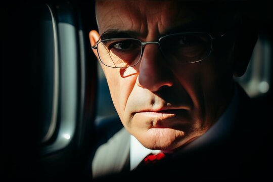 Close-Up Dramatic Portrait of Solid Caucasian Man in Suit And Eyeglasses in Car