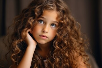 Naklejka premium The curly-haired six-year-old girl, in a dramatic close-up, showed a face of apprehensive beauty, her eyes filled with uncertainty