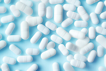 Scattered White Pills on Blue Surface - Medication on a Tabletop