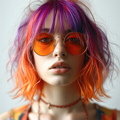 Fototapeta premium Studio close-up portrait of young girl with orange and purple bob hairstyle wearing sunglasses. High fashion model woman with multi-colored hair posing in the studio, portrait of a beautiful sexy girl