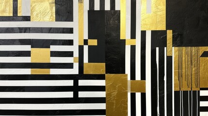 A painting of a black and white house with a black and gold striped pattern