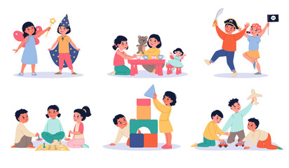 Children playing. Cartoon happy kids with different toys, group activity, girls and boys socialization, creative moving games. Indoor nursery fun. Friends in preschool or kindergarten. Vector set