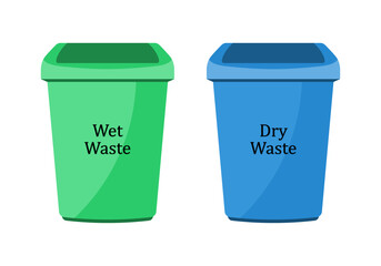 Dustbin set with wet and dry waste  in blue and green color. Vector Illustration.