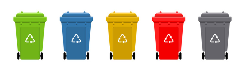 Set of dustbin with recycle symbol. Colorful trash cans with recycling icon. Dustbin with wheel for recycling different types of waste. Waste sorting containers. Vector illustration.
