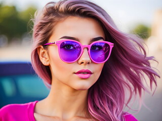Fototapeta premium beautiful girl fashion with sunglasses outdoor pink purple generative AI