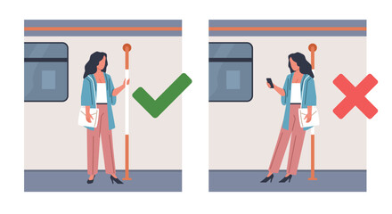 Do not lean on handrail, but hold on to handrail while driving. Metro, train or bus grip for characters. Rules in public transport. Woman in trolleybus. Cartoon isolated vector concept