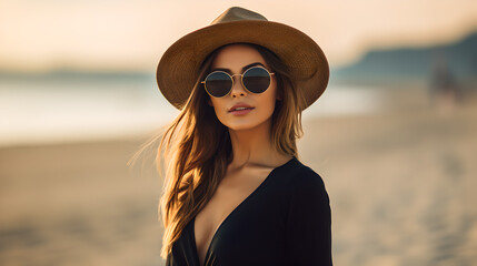 portrait of beautiful young tanned woman standing on the beach facing the camera styled with a hat and a sunglasses