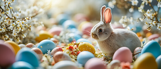 Happy Easter! Cute little bunny and easter eggs in nest on spring background. Easter holiday celebration banner greeting card banner.