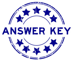 Grunge blue answer key word round rubber seal stamp on white background