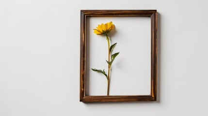 Empty wooden frame with yellow flower against white backdrop